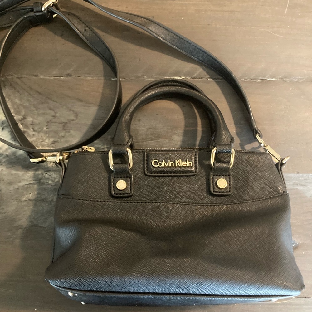 Calvin Klein Black Saffiano Satchel with Gold Hardware